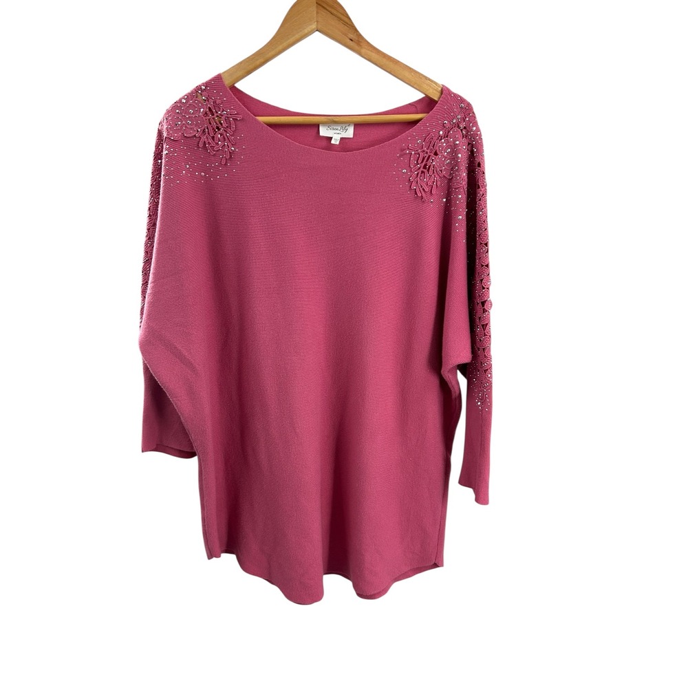 Siren Lily Women's 1X Pink Embellished‎ Knit Top Dolman Sleeve Rhinestone Detail